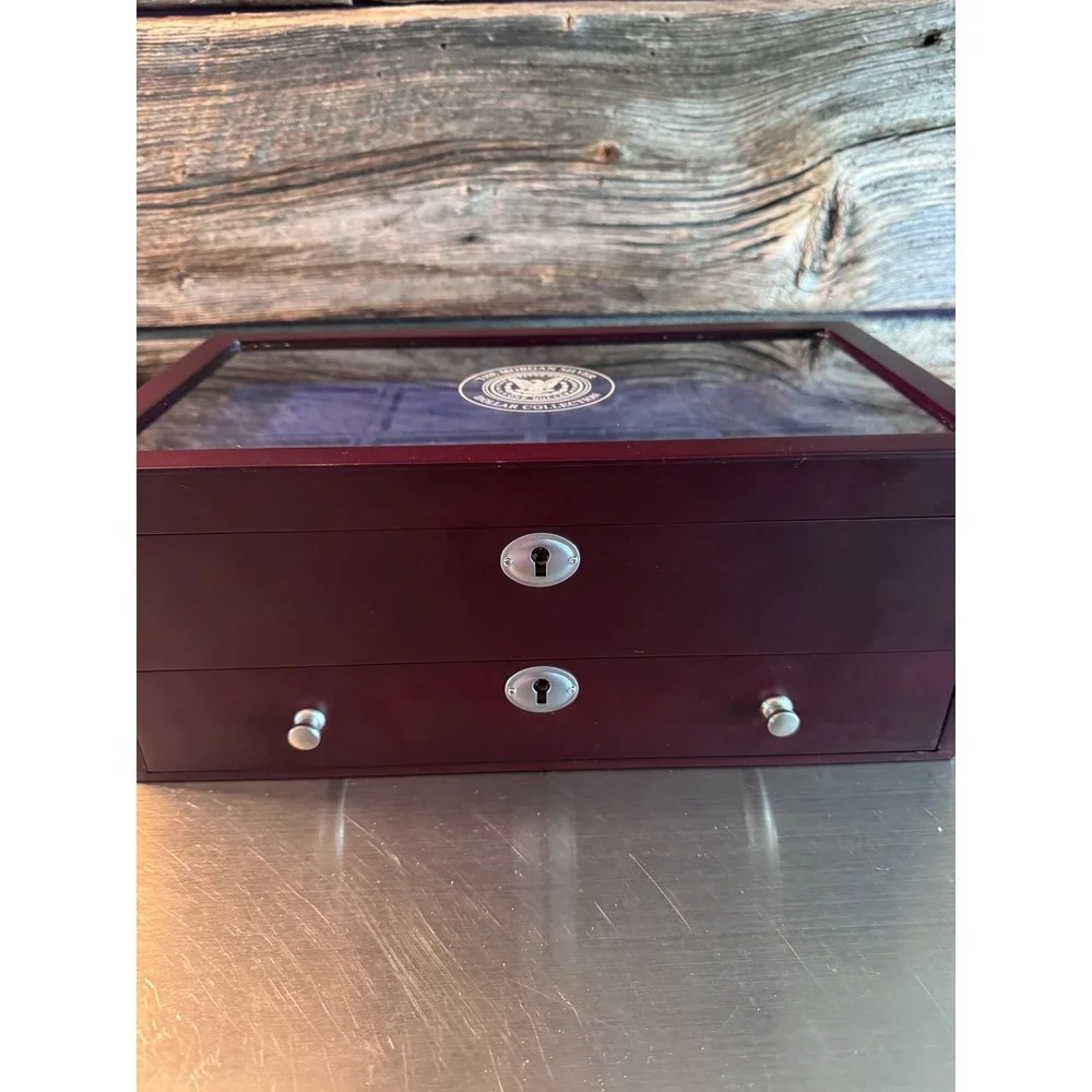 Morgan Silver Dollar Collection Wood Display Case 2 Tier 16 Slot Coin Box Blue